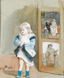 Frederica, konstnärens dotter, stående vid en målad skärm, 1878 (wc på papper)